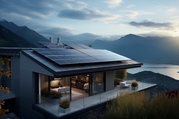 Solar batteries are on the rooftop of a modern and beautiful house located in a beautiful valley