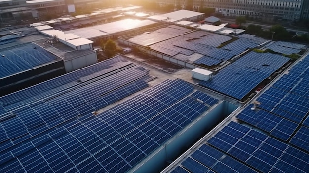 Solar cells or panels seen from above on the roof of a factory buildingsource of cleanGenerative AI