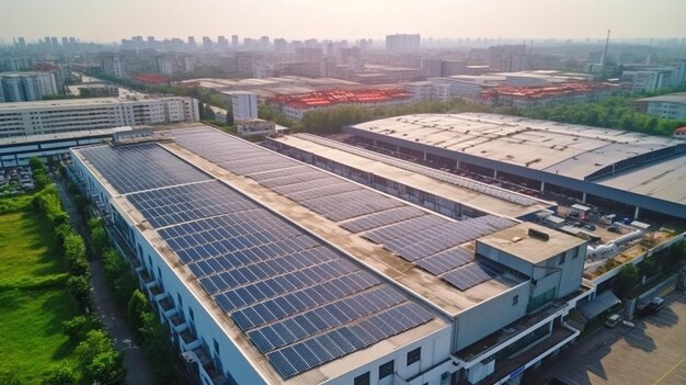 Solar cells or panels seen from above on the roof of a factory buildingsource of cleanGenerative AI