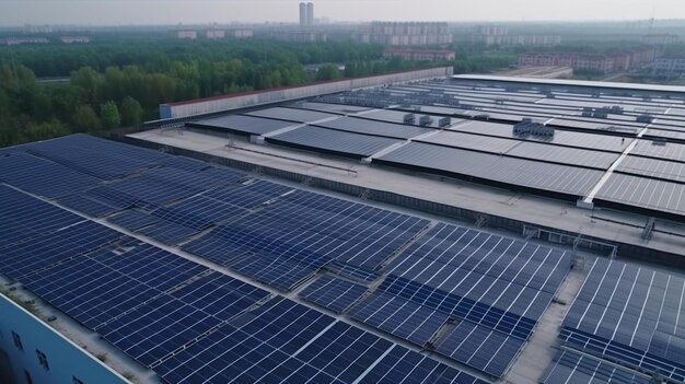 Solar cells or panels seen from above on the roof of a factory buildingsource of cleanGenerative AI