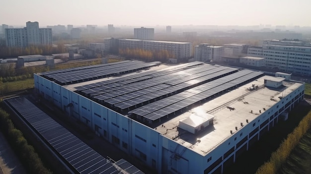 Solar cells or panels seen from above on the roof of a factory buildingsource Generative AI