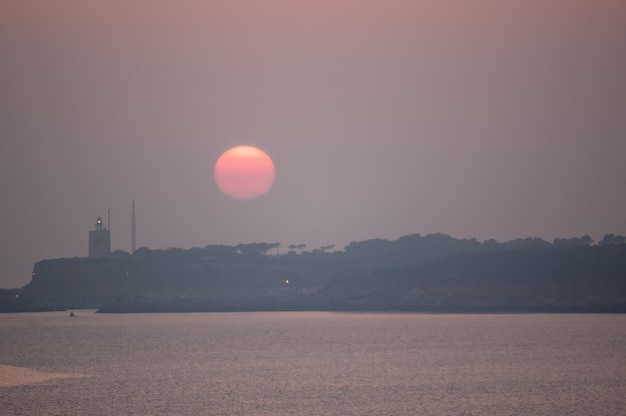 solar disk at sunset over the sea