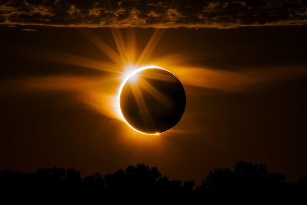 Solar Eclipse with Radiant Flares Against Dark Sky