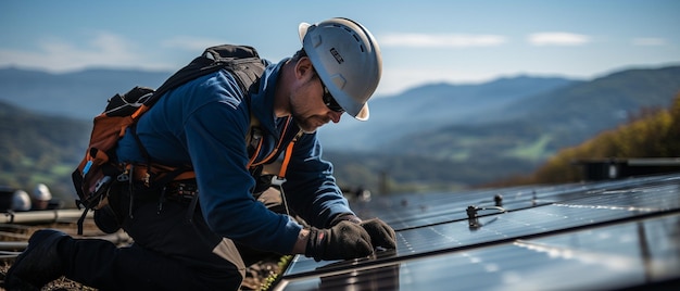 태양 에너지 농장 지역 에서 엔지니어 가 태양 패널 을 설치 하고 있다