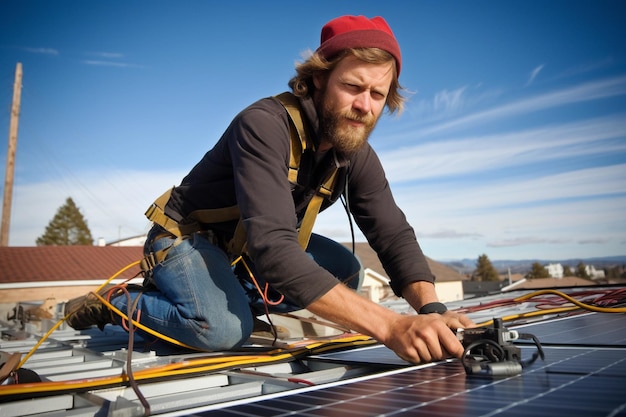 태양 에너지 설치 전문가가 지붕에 태양 패널을 설치하고 있습니다.