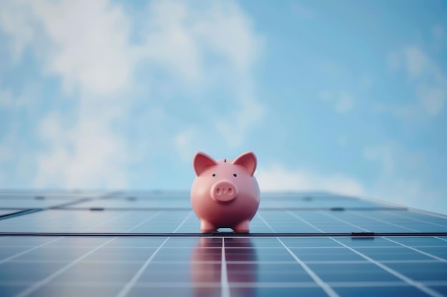 Solar energy money saving a piggy bank money box on a solar energy panel