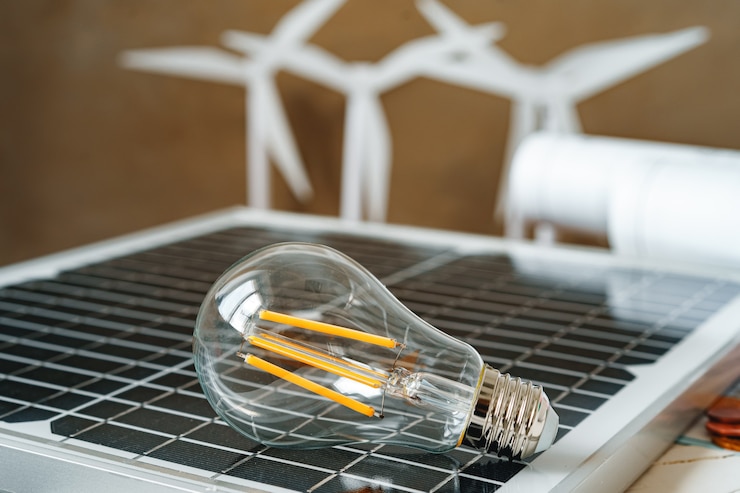 Photo solar energy panel and light bulb green energy