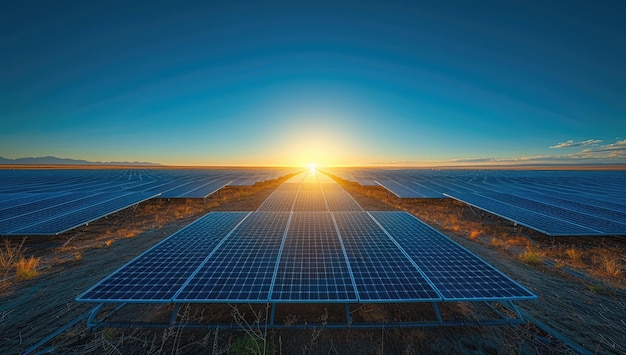 Solar energy panels in field during sunset