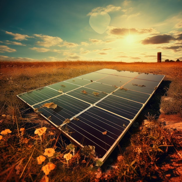 Solar energy panels in a field at sunset