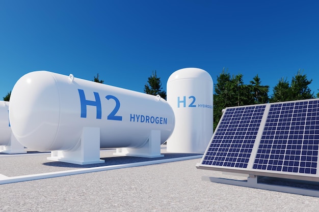 Solar energy panels and h2 hydrogen tank on the ground 3d\
rendering