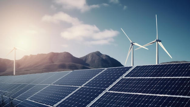 Solar energy panels photovoltaic cells and wind turbines with backdrop of nature landscape mountains