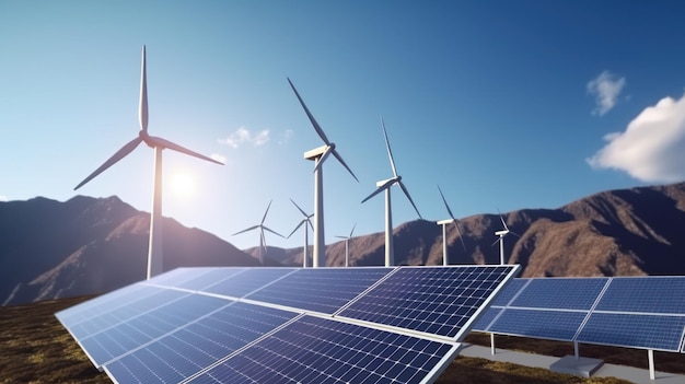 Solar energy panels photovoltaic cells and wind turbines with backdrop of nature landscape mountains