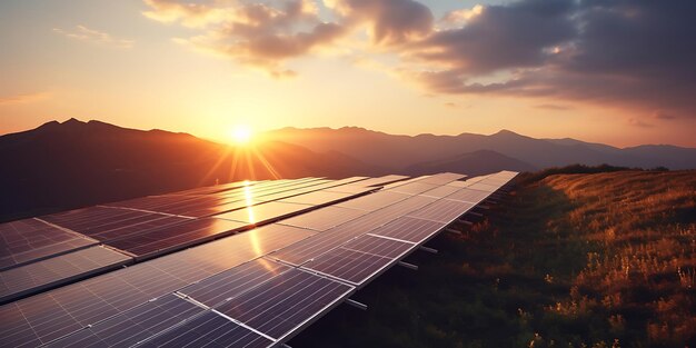 solar energy panels on sunset sky background 3d rendering image