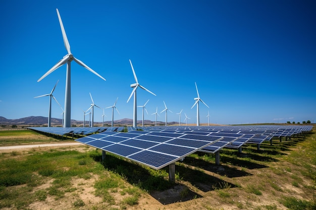 Photo solar energy panels and wind turbines in a solar power plant