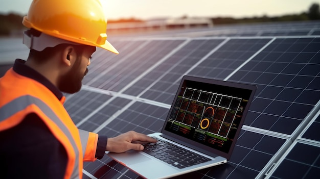 Работник или инженер солнечной энергетики со своим планшетным компьютером проверяет новую солнечную электростанцию