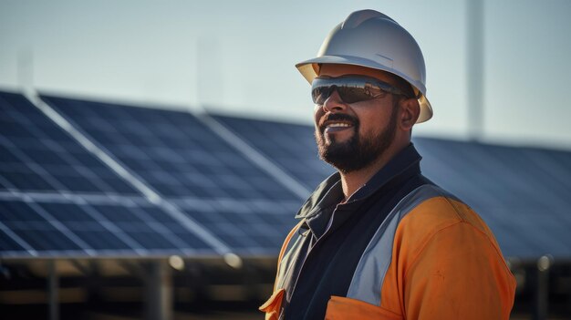 Solar energy worker smiling mood near the electricity area