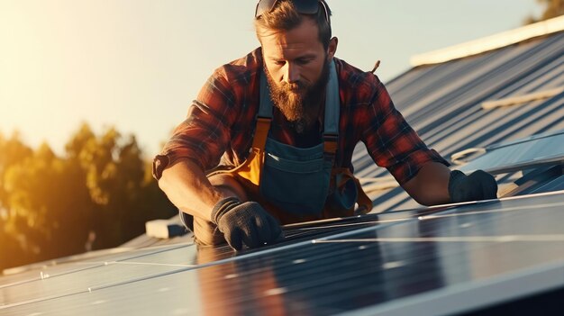 Solar engineers are installing solar panels on the roof