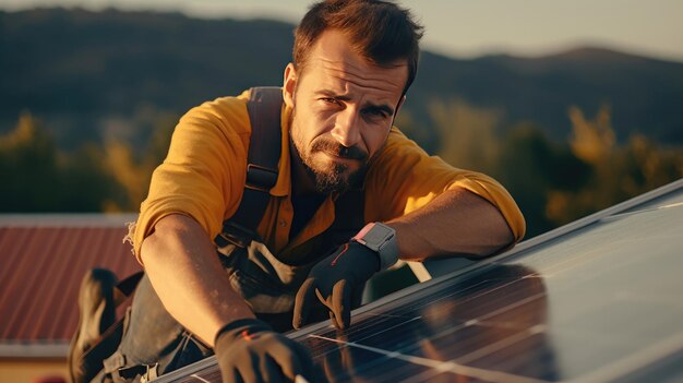 Photo solar engineers are installing solar panels on the roof