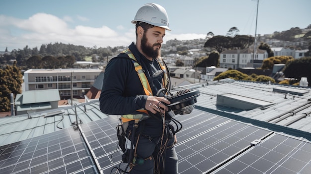 持続可能な生活のためのグリーン エネルギー パネルを設置する太陽光発電の専門家が、屋根の上で率直に捉えた Generative AI