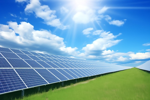 Solar farm on bright sky background Green Energy concept