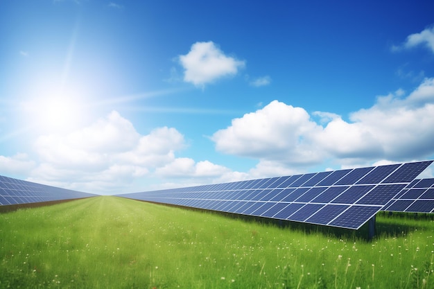 Photo solar farm on bright sky background green energy concept