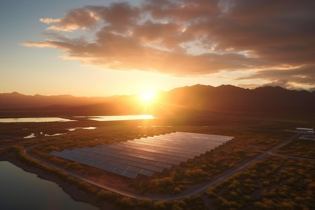 A solar farm in the desert at sunset