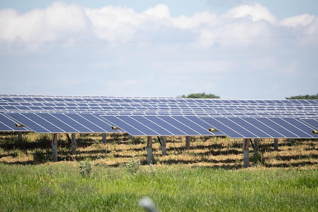 写真 太陽光からのソーラーファームのグリーンエネルギーは、多くの太陽電池プレートを示しています。セレクティブフォーカス。