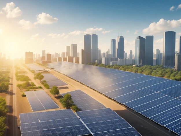 A solar farm providing clean energy to a bustling city generated by ai