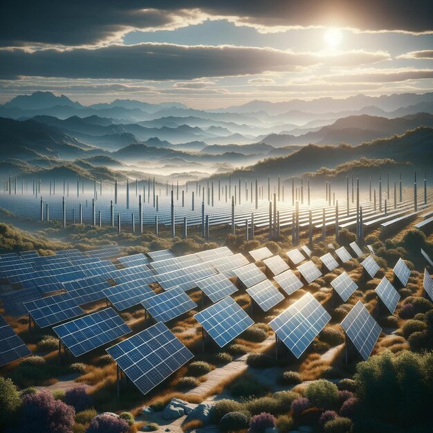 Solar Farm at Sunrise in a Misty Mountainous Landscape