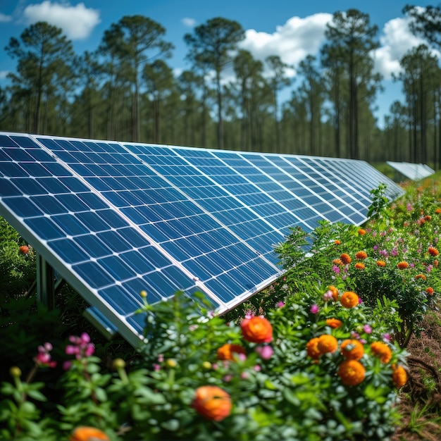 Солнечная ферма, окруженная природой, экологически чистая энергия