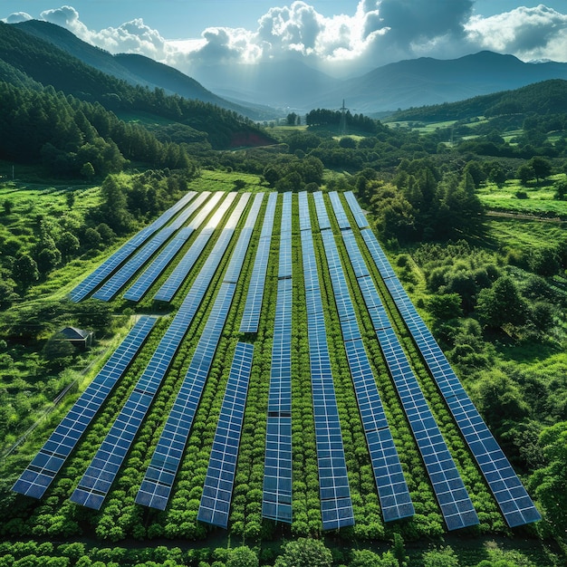 Solar farm surrounded by nature environmentally friendly energy