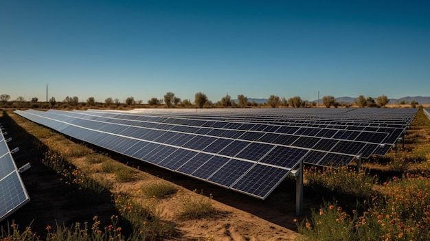 A solar farm with a blue sky and orange flowers.