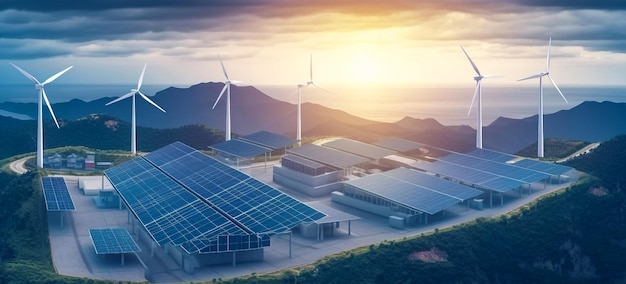 A solar farm with a mountain in the background