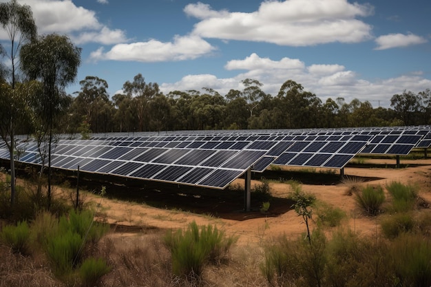 A solar farm with rows of panels and inverters visible created with generative ai