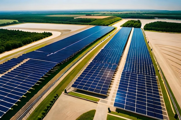 태양광 패널의 줄을 가진 태양광 농장은 태양 에너지의 대규모 구현을 강조합니다.