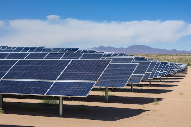 Solar farm with rows of solar panels and turbines in the background created with generative ai