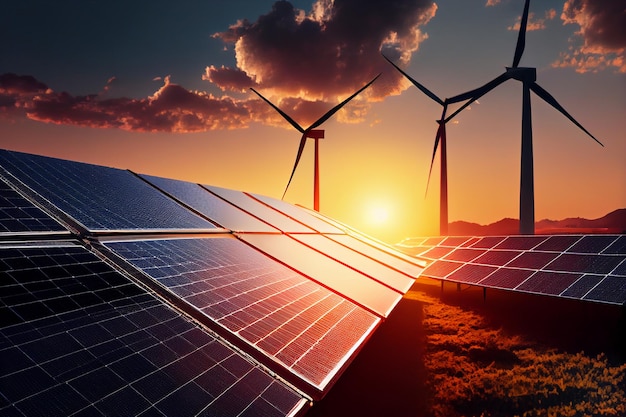 A solar farm with wind turbines in the background.