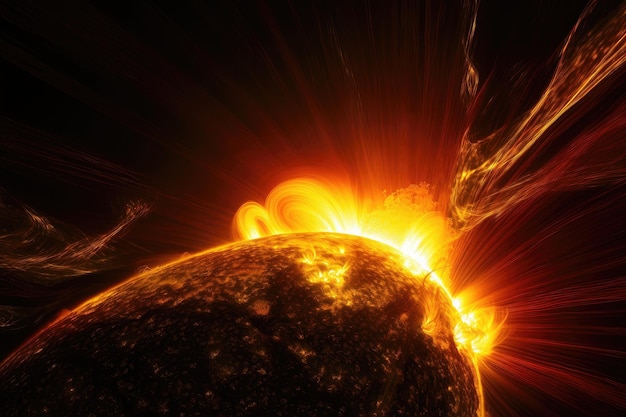 Solar flare seen from the surface of the sun with its fiery energy and light shining down on earth