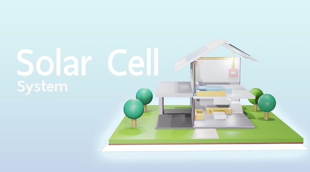 Solar home system, clean energy house in 3d rendering