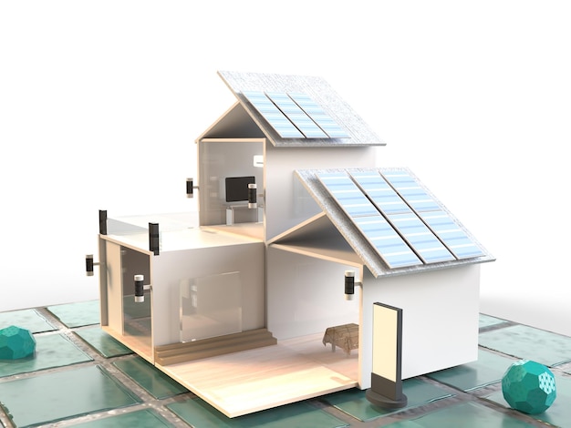 Solar house, solar system in 3d rendering