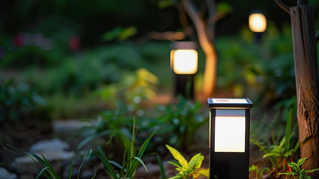 Solar led lamp glowing in evening garden
