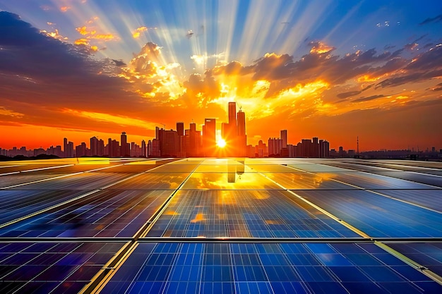 太陽光を吸収する太陽電池パネルと日没を背景に
