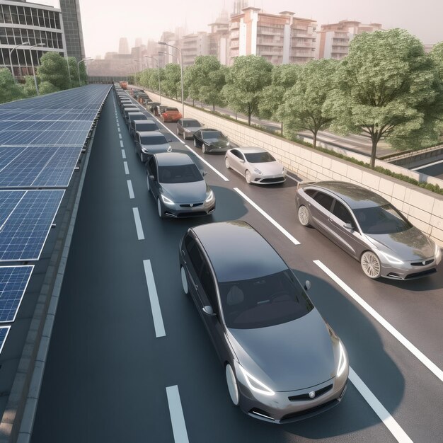 Photo solar panel arrays line the busy urban roadway harnessing sunlight