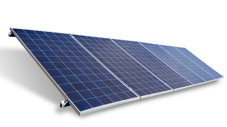 Photo solar panel on blue sky background.