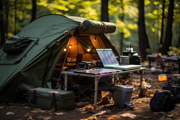 Solar panel carries devices in camp surrounded by nature generative IA