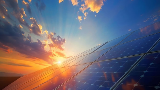 Solar panel cell on dramatic sunset sky backgroundclean Alternative power energy concept