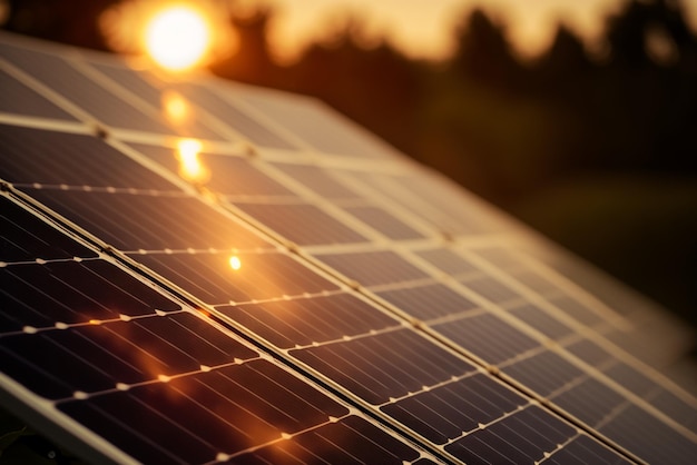 A solar panel farm in sunset representing renewable energy and sustainability