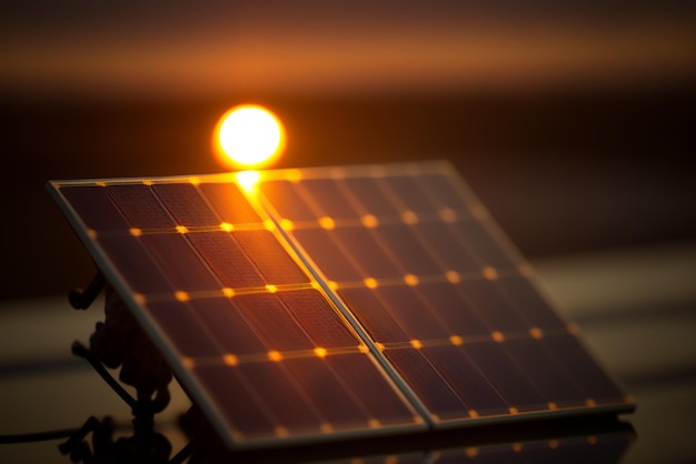 A solar panel farm in sunset representing renewable energy and sustainability