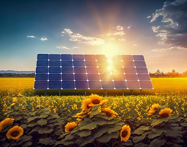 A solar panel in a field of sunflowers is in the foreground.