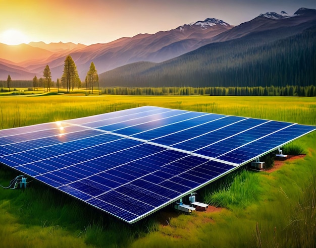 A solar panel in a field with mountains in the background